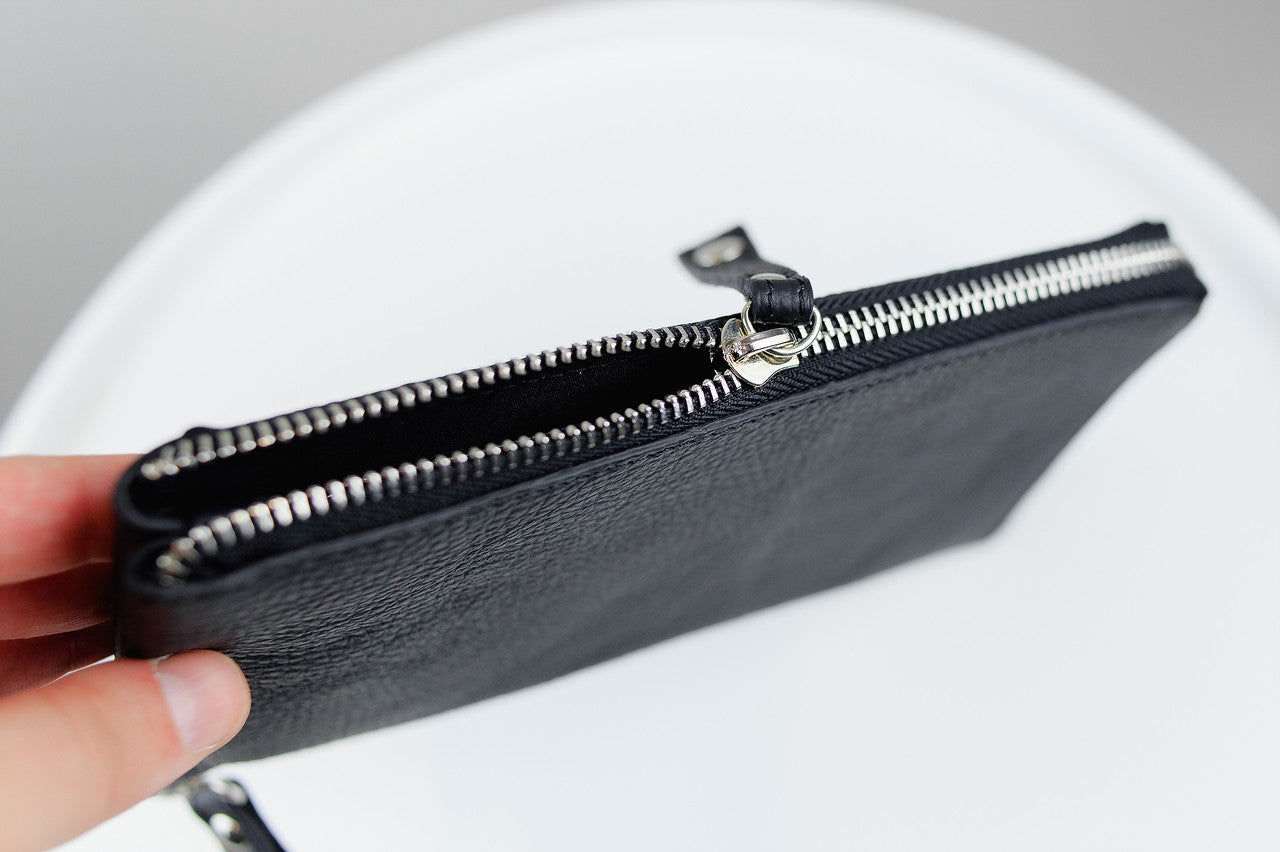 Handmade Mens Black Grain Leather Clutch Wallet Gift for Him Wristlet Zippered Card Holder