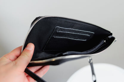 Handmade Mens Black Grain Leather Clutch Wallet Gift for Him Wristlet Zippered Card Holder