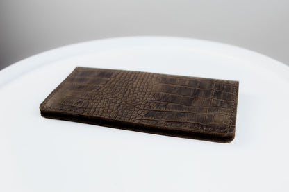 Handmade Mens Leather Wallet Brown Crocodile Embossed Crazy Horse