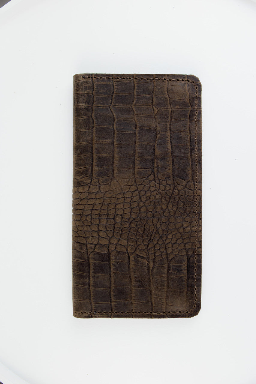 Handmade Mens Leather Wallet Brown Crocodile Embossed Crazy Horse