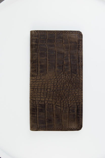 Handmade Mens Leather Wallet Brown Crocodile Embossed Crazy Horse