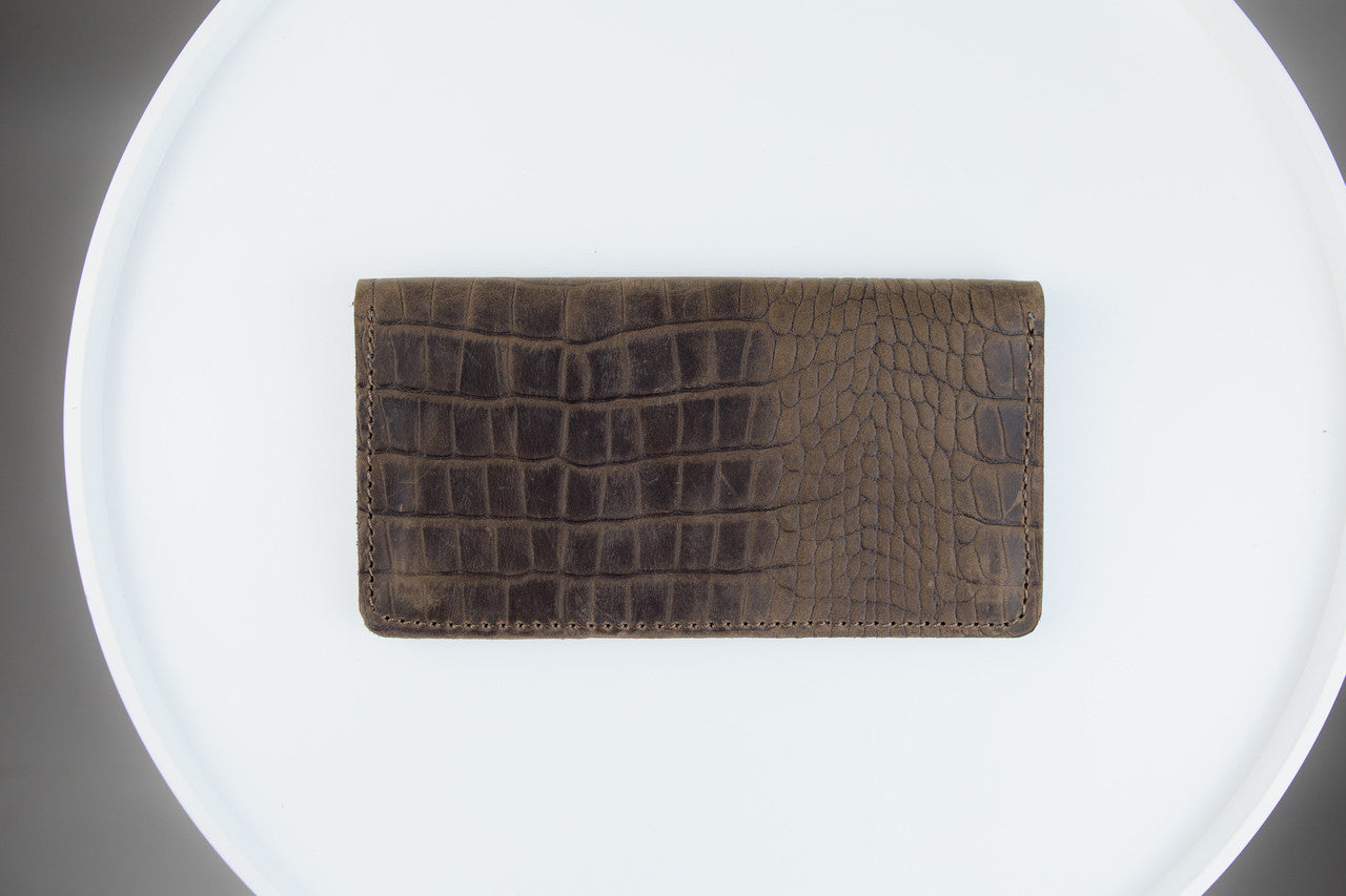 Handmade Mens Leather Wallet Brown Crocodile Embossed Crazy Horse