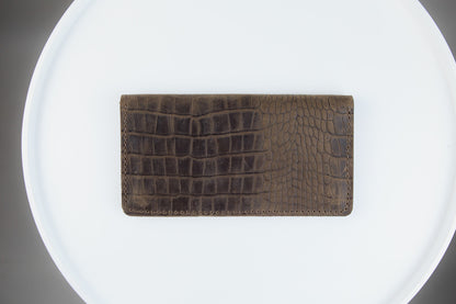 Handmade Mens Leather Wallet Brown Crocodile Embossed Crazy Horse