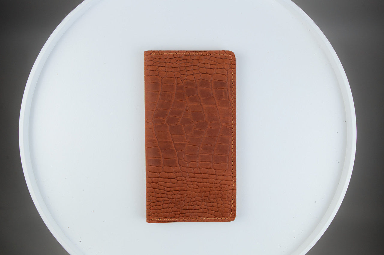 Handmade Brown Crazy Horse Leather Wallet Mens Crocodile Embossed Long Wallet