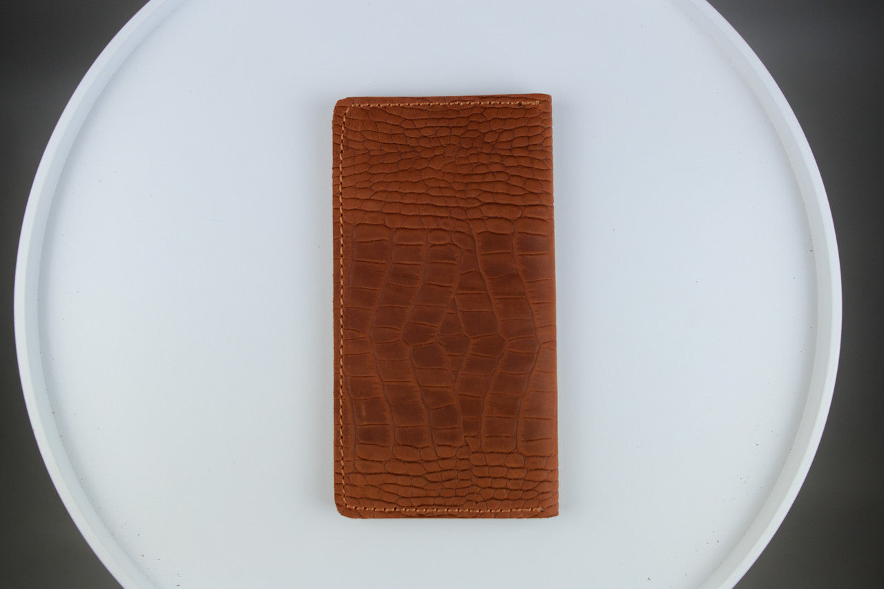 Handmade Brown Crazy Horse Leather Wallet Mens Crocodile Embossed Long Wallet