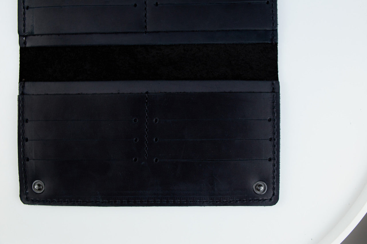 Handmade Mens Black Crazy Horse Leather Wallet Long 16 Card Slots Two Bill Compartments