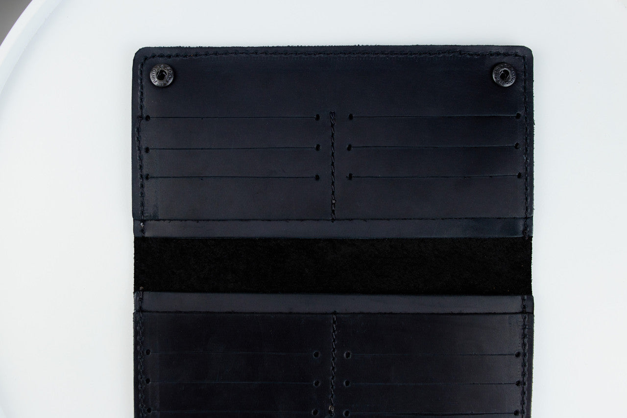 Handmade Mens Black Crazy Horse Leather Wallet Long 16 Card Slots Two Bill Compartments