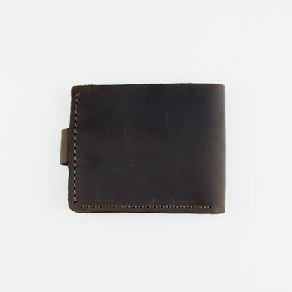 A dark brown leather bifold wallet with visible stitching and a small leather tab on the left side, photographed flat against a plain white background.
