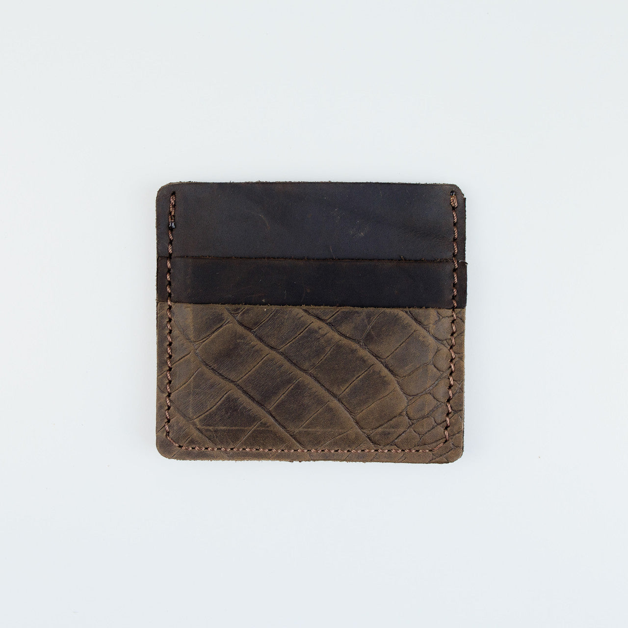 A minimalist card holder wallet made of dark brown leather with a textured crocodile pattern on the lower half and a smooth black leather band across the top, shown on a plain white background.