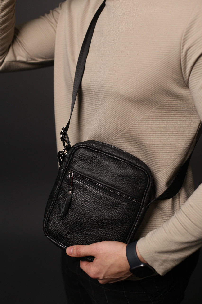 Handmade Black Leather Messenger Bag for Men Compact Crossbody Shoulder Bag