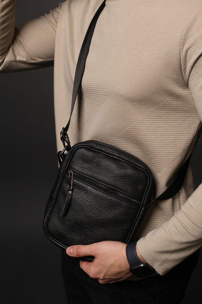 Handmade Black Leather Messenger Bag for Men Compact Crossbody Shoulder Bag