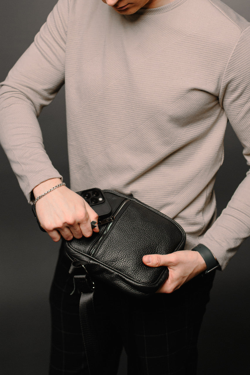 Handmade Black Leather Messenger Bag for Men Compact Crossbody Shoulder Bag