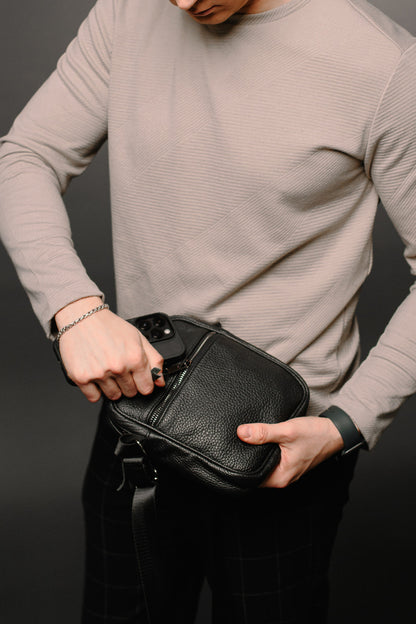 Handmade Black Leather Messenger Bag for Men Compact Crossbody Shoulder Bag