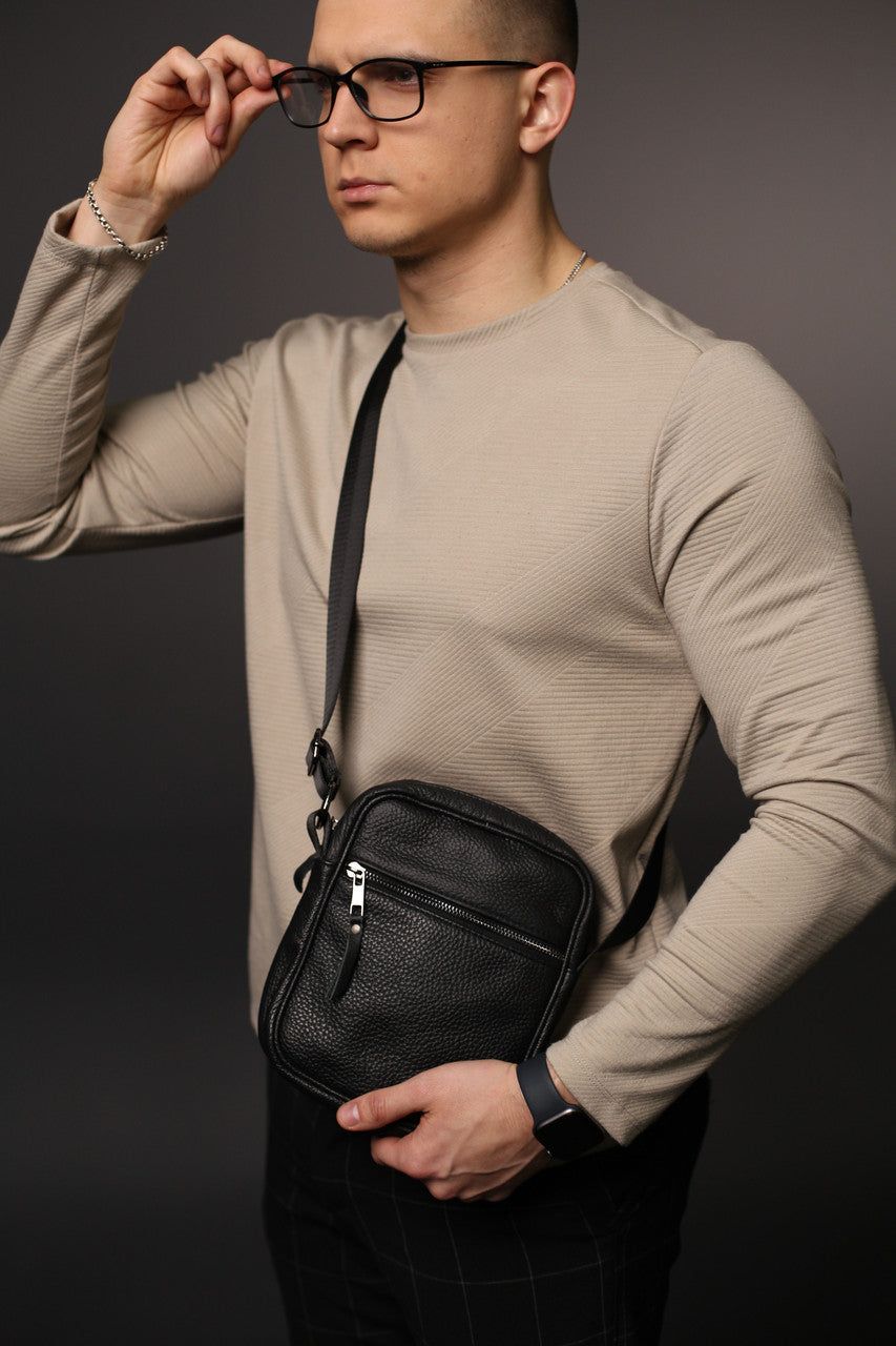 Handmade Black Leather Messenger Bag for Men Compact Crossbody Shoulder Bag