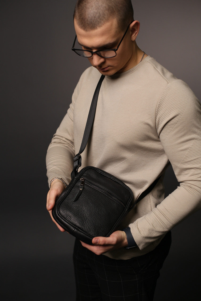 Handmade Black Leather Messenger Bag for Men Compact Crossbody Shoulder Bag
