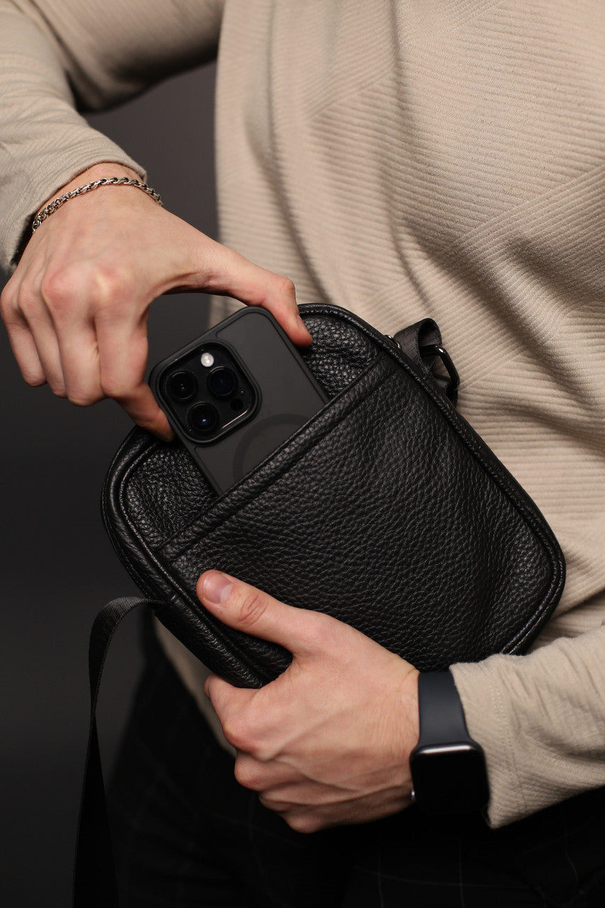 Handmade Black Leather Messenger Bag for Men Compact Crossbody Shoulder Bag