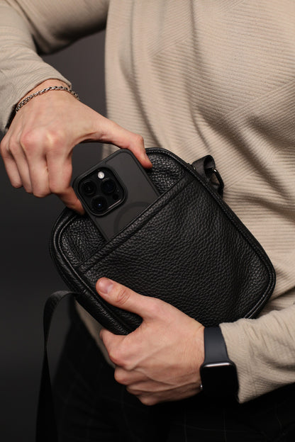 Handmade Black Leather Messenger Bag for Men Compact Crossbody Shoulder Bag