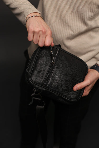 Handmade Black Leather Messenger Bag for Men Compact Crossbody Shoulder Bag