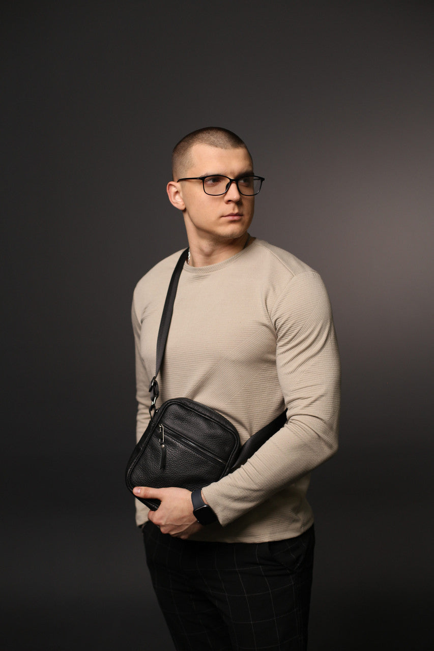 Handmade Black Leather Messenger Bag for Men Compact Crossbody Shoulder Bag
