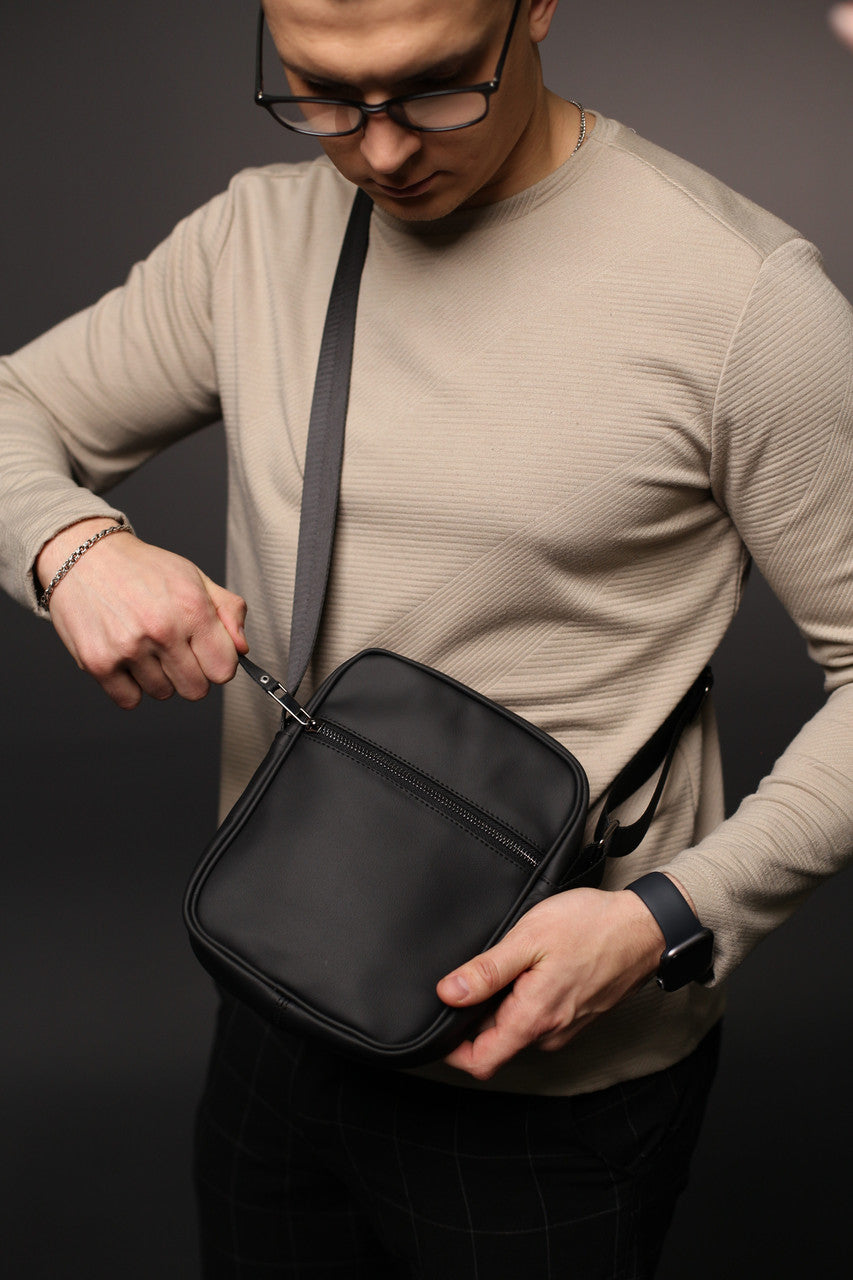 Handmade Mens Black Genuine Leather Messenger Bag Crossbody Shoulder Bag