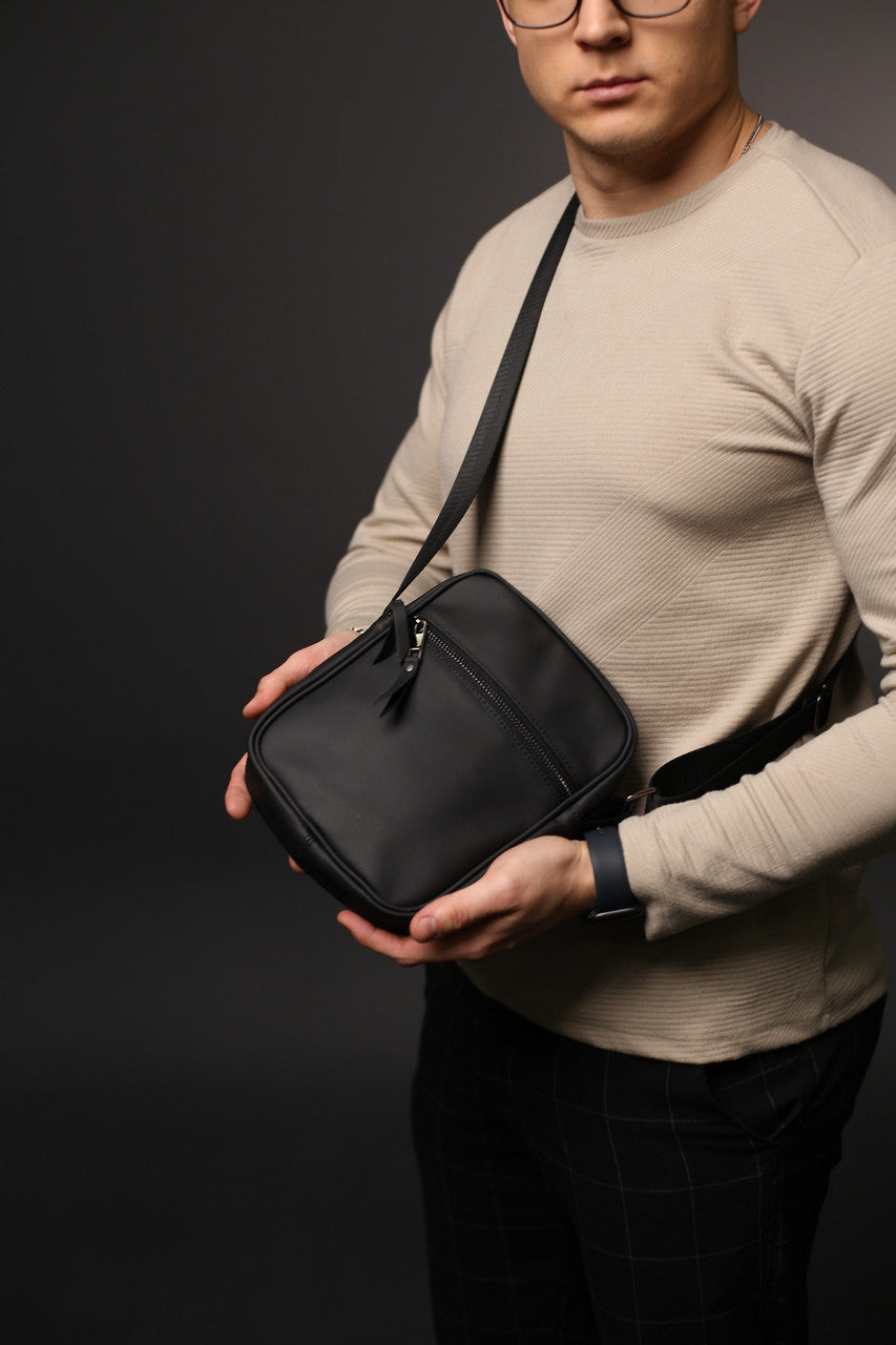 Handmade Mens Black Genuine Leather Messenger Bag Crossbody Shoulder Bag