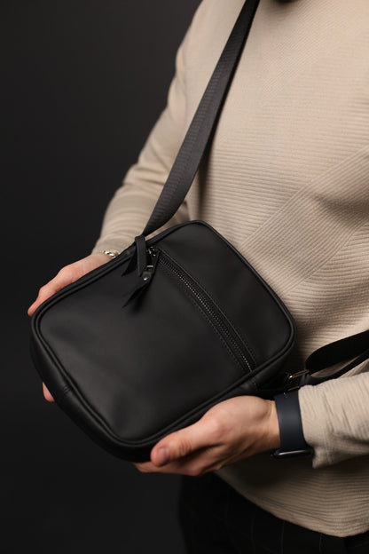 Handmade Mens Black Genuine Leather Messenger Bag Crossbody Shoulder Bag