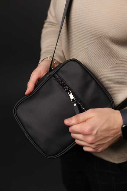Handmade Mens Black Genuine Leather Messenger Bag Crossbody Shoulder Bag