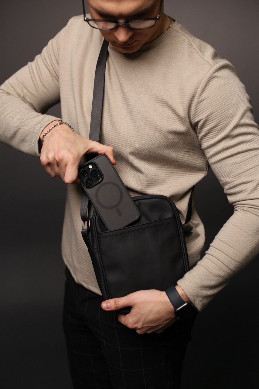 Handmade Mens Black Genuine Leather Messenger Bag Crossbody Shoulder Bag