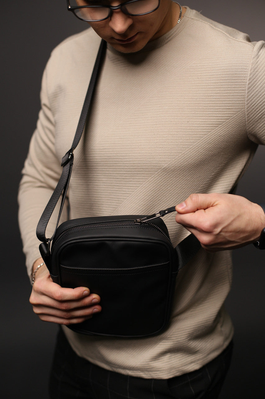 Handmade Mens Black Genuine Leather Messenger Bag Crossbody Shoulder Bag