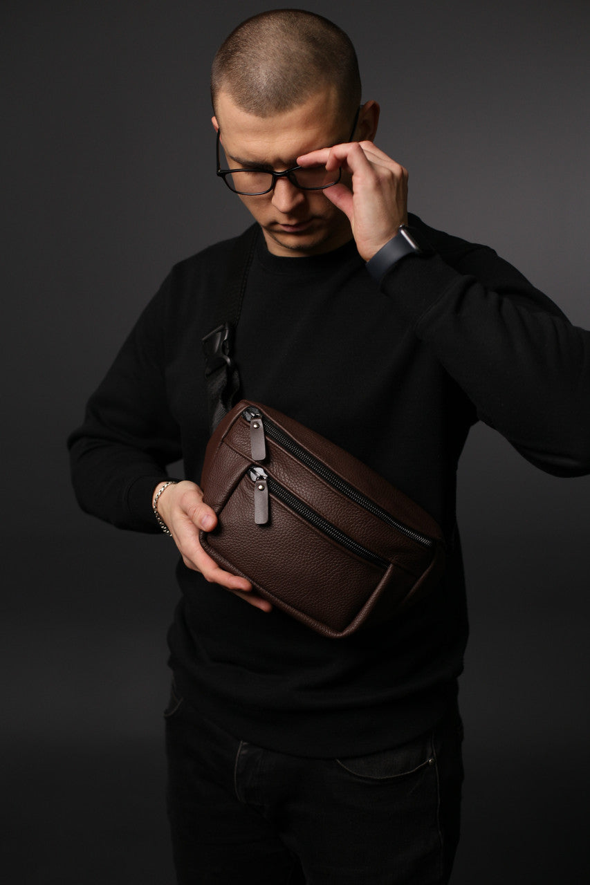 Mens Leather Banana Bag Brown Handmade Waist Bag Crossbody Fanny Pack Gift for Him