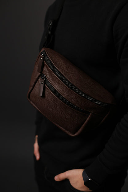 Mens Leather Banana Bag Brown Handmade Waist Bag Crossbody Fanny Pack Gift for Him