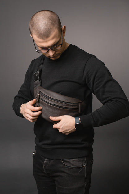 Handmade Brown Genuine Leather Mens Banana Bag Gift for Him Waist Bag