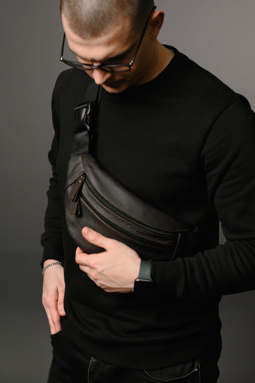 Handmade Brown Genuine Leather Mens Banana Bag Gift for Him Waist Bag