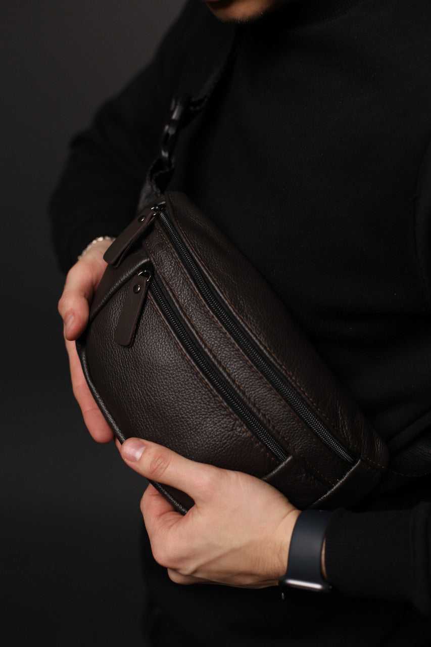 Handmade Men Genuine Leather Brown Waist Bag Banana Bag Gift for Him