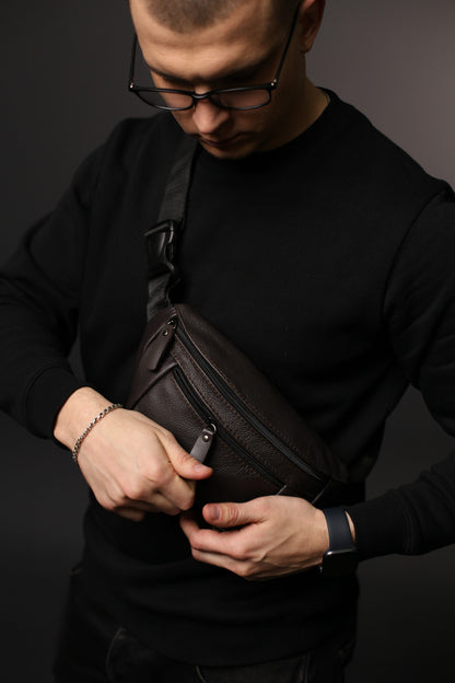 Handmade Men Genuine Leather Brown Waist Bag Banana Bag Gift for Him