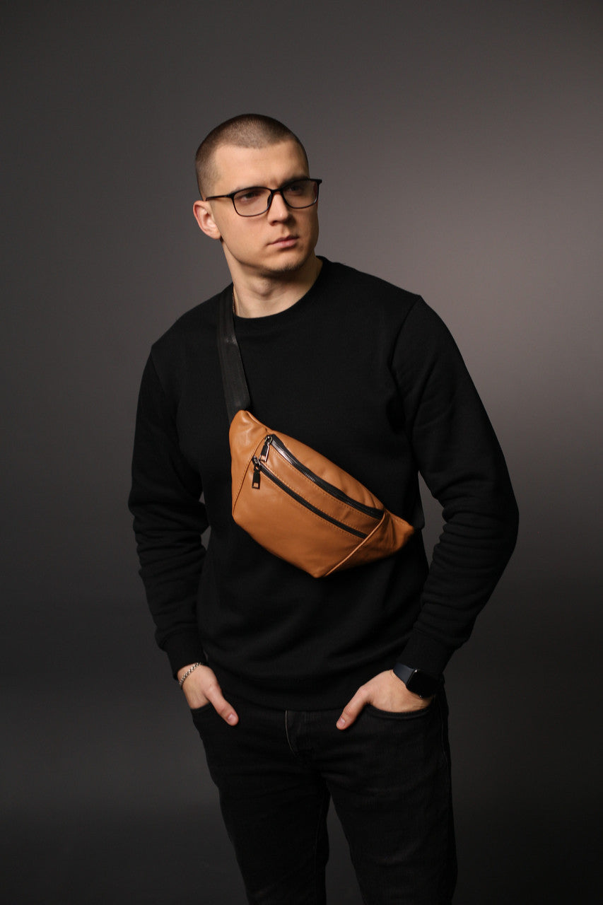 Handmade Mens Black Genuine Leather Banana Bag Gift for Him