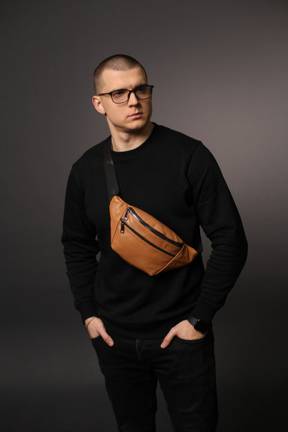 Handmade Mens Black Genuine Leather Banana Bag Gift for Him