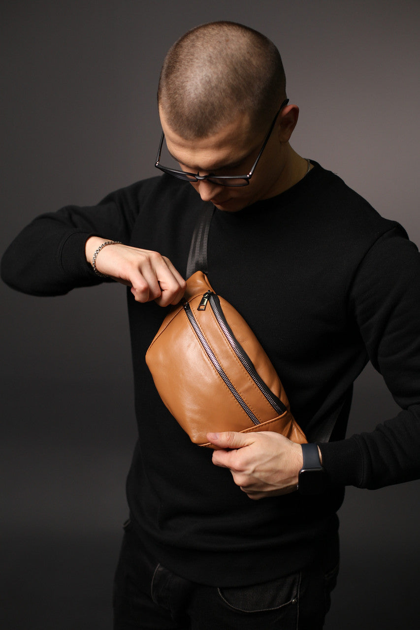 Handmade Mens Black Genuine Leather Banana Bag Gift for Him