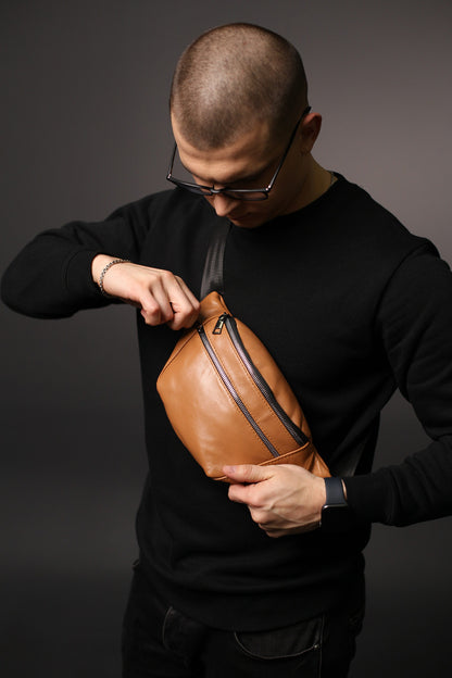 Handmade Mens Black Genuine Leather Banana Bag Gift for Him