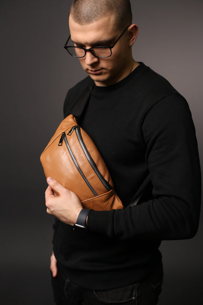 Handmade Mens Black Genuine Leather Banana Bag Gift for Him