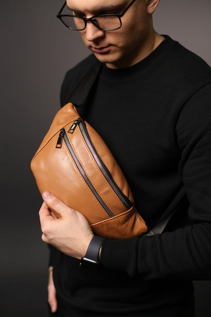 Handmade Mens Black Genuine Leather Banana Bag Gift for Him