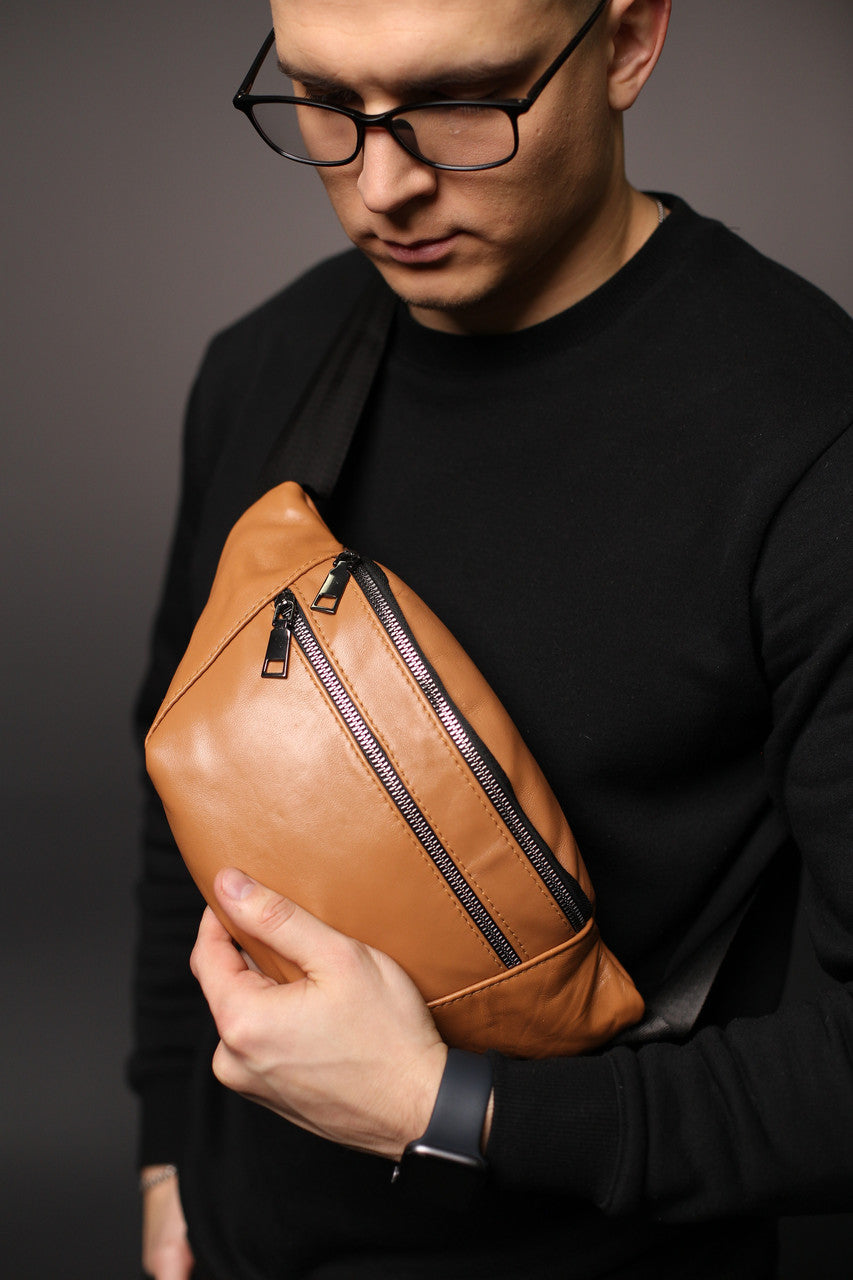 Handmade Mens Black Genuine Leather Banana Bag Gift for Him