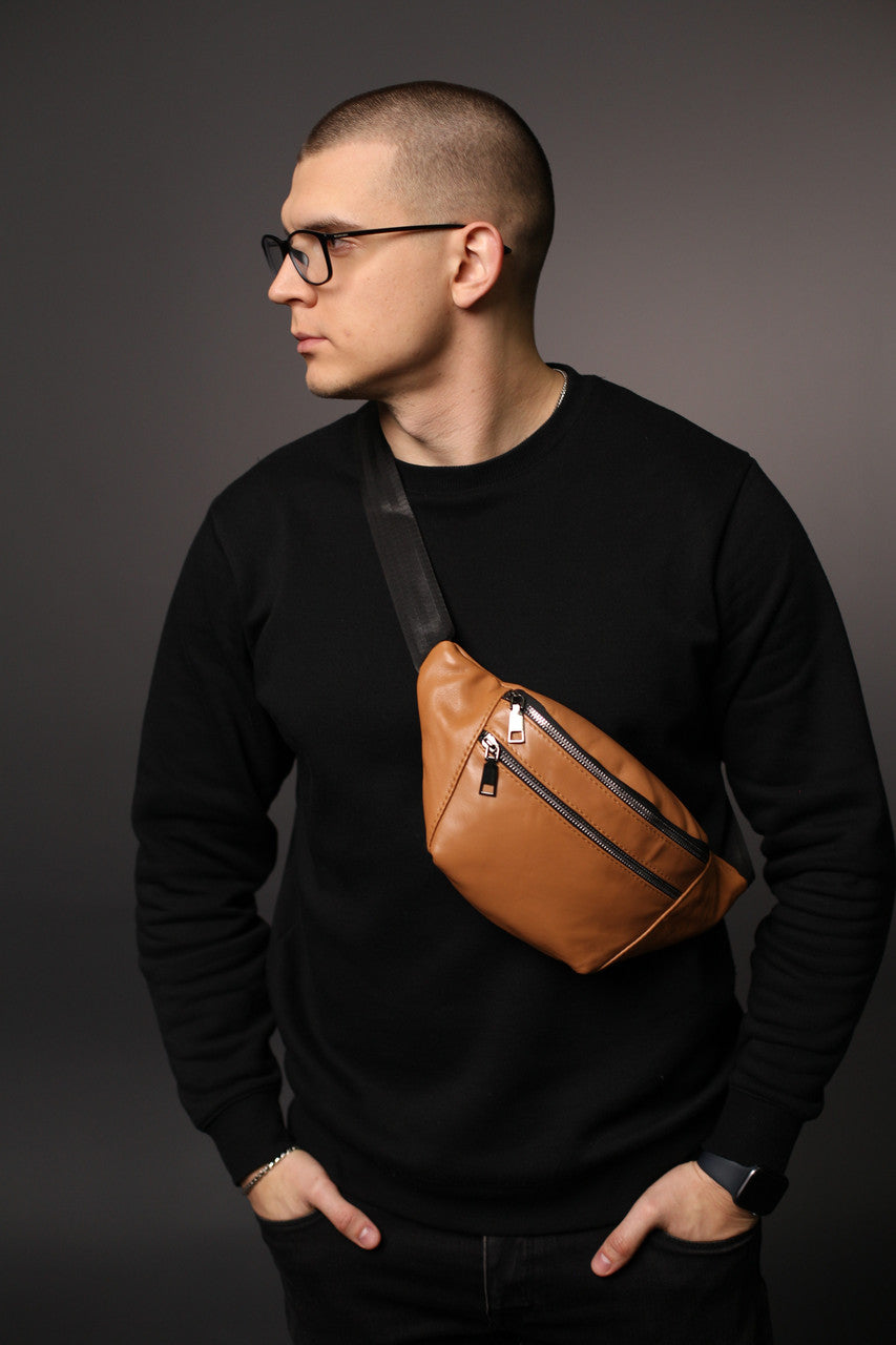 Handmade Mens Black Genuine Leather Banana Bag Gift for Him