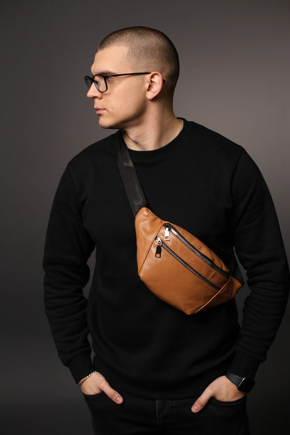 Handmade Mens Black Genuine Leather Banana Bag Gift for Him