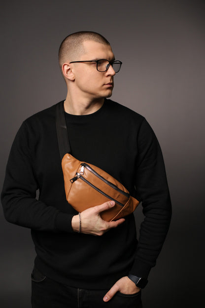 Handmade Mens Black Genuine Leather Banana Bag Gift for Him