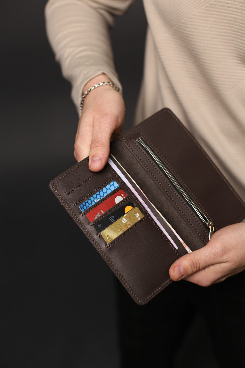 Handmade Brown Genuine Leather Mens Long Wallet Gift for Him