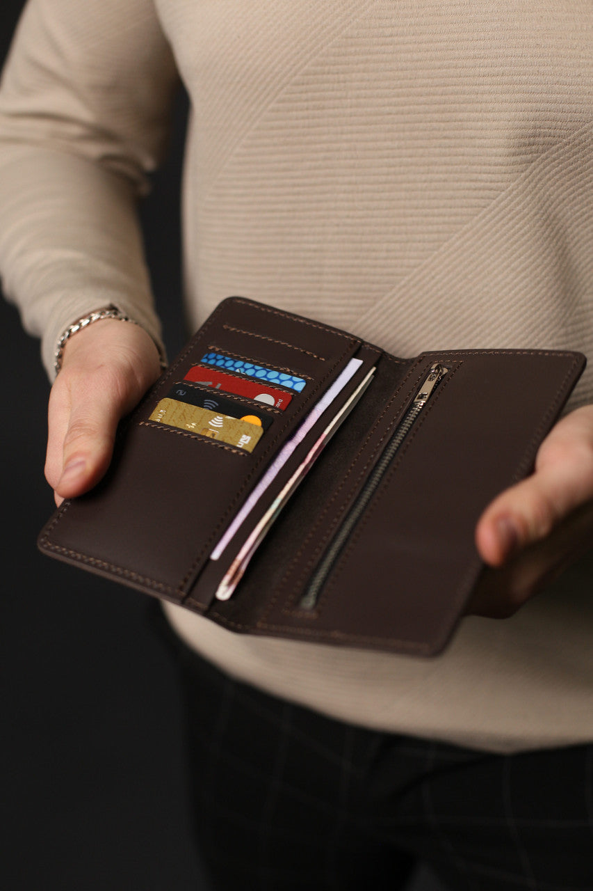 Handmade Brown Genuine Leather Mens Long Wallet Gift for Him