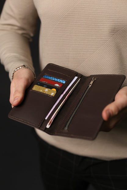 Handmade Brown Genuine Leather Mens Long Wallet Gift for Him
