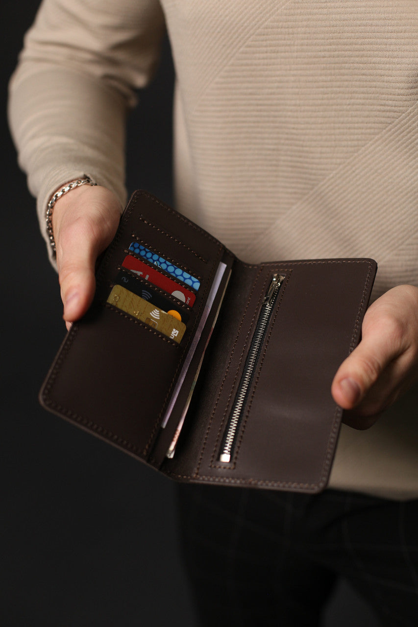 Handmade Brown Genuine Leather Mens Long Wallet Gift for Him