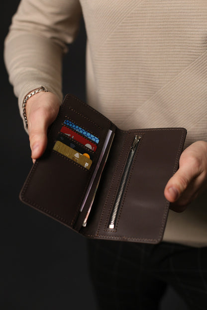 Handmade Brown Genuine Leather Mens Long Wallet Gift for Him